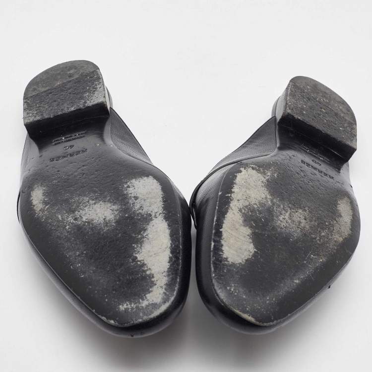 Pre Owned Hermes Black Leather Oz Flat Mules Size 40