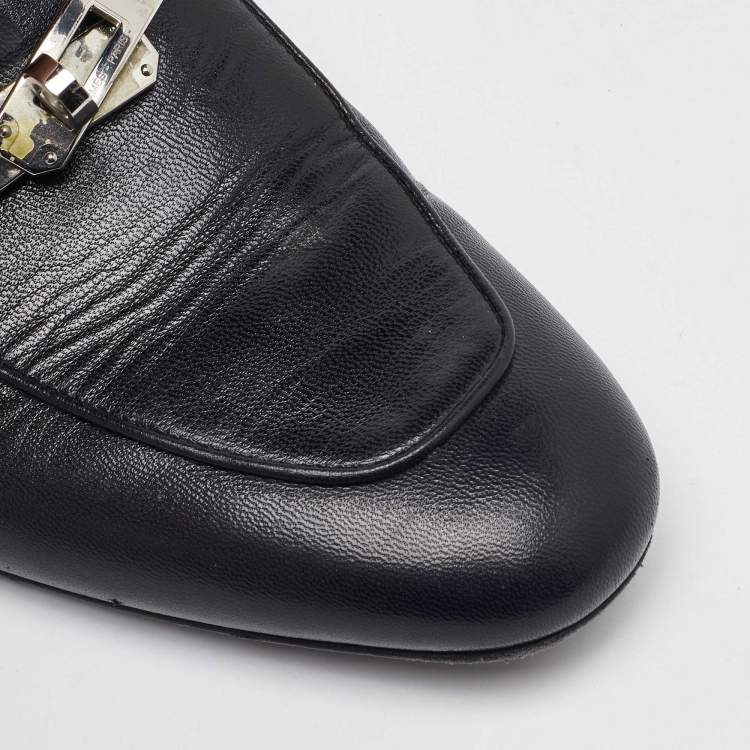 Pre Owned Hermes Black Leather Oz Flat Mules Size 40
