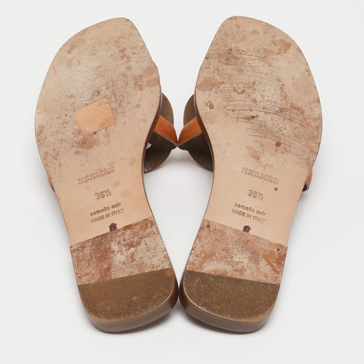 Pre Owned Hermes Brown Leather Aloha Flat Slides Size 36.5
