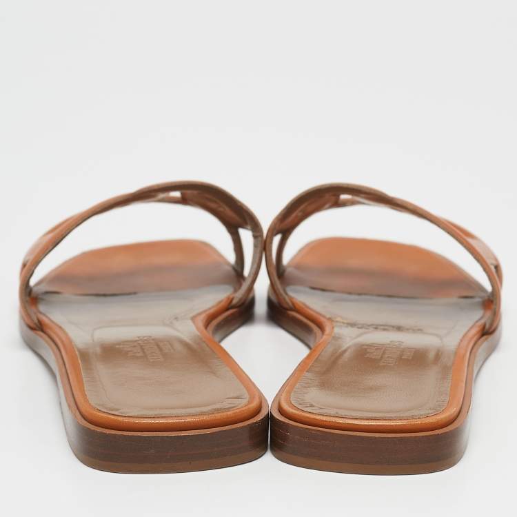 Pre Owned Hermes Brown Leather Aloha Flat Slides Size 36.5