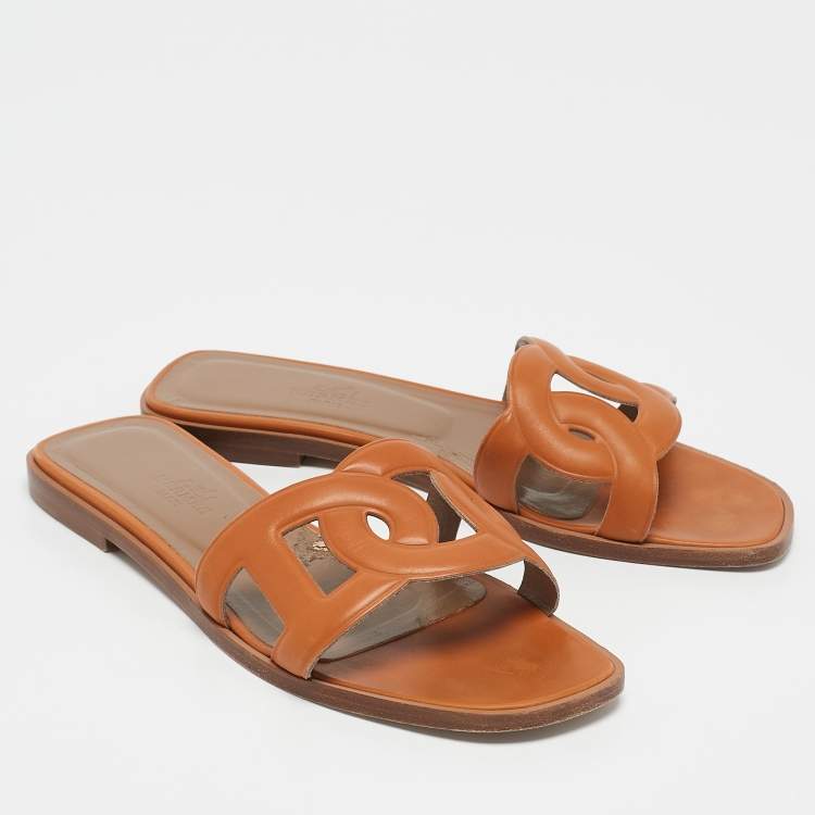 Pre Owned Hermes Brown Leather Aloha Flat Slides Size 36.5