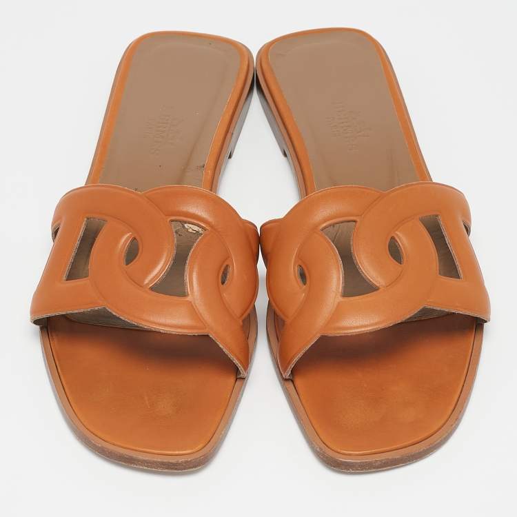 Pre Owned Hermes Brown Leather Aloha Flat Slides Size 36.5
