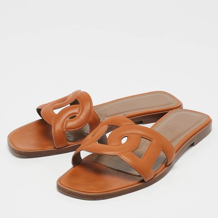 Pre Owned Hermes Brown Leather Aloha Flat Slides Size 36.5