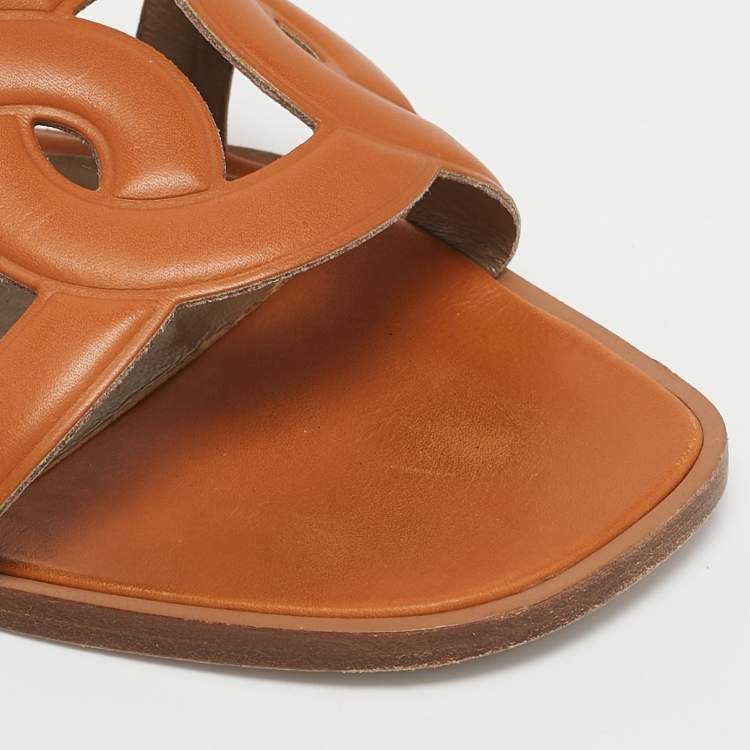 Pre Owned Hermes Brown Leather Aloha Flat Slides Size 36.5