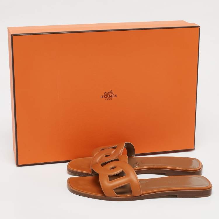 Pre Owned Hermes Brown Leather Aloha Flat Slides Size 36.5