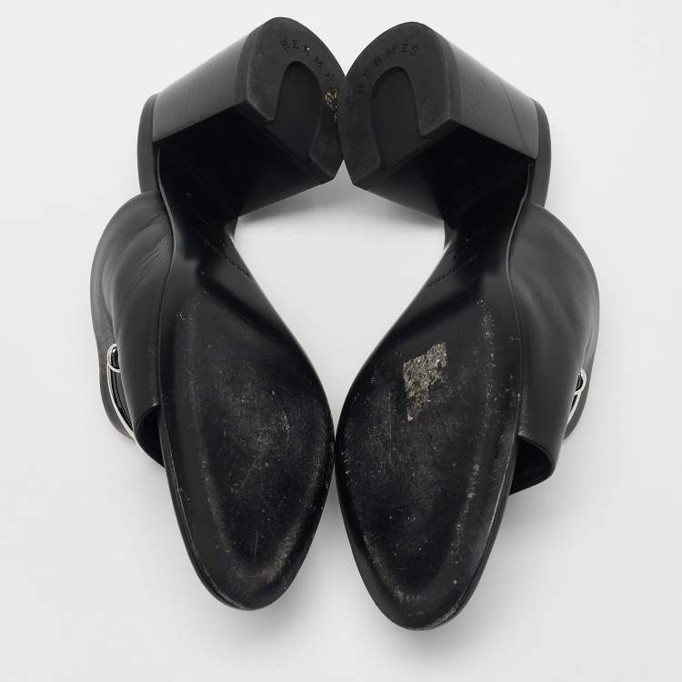 Pre Owned Hermes Black Leather Camilla Slide Sandals Size 41