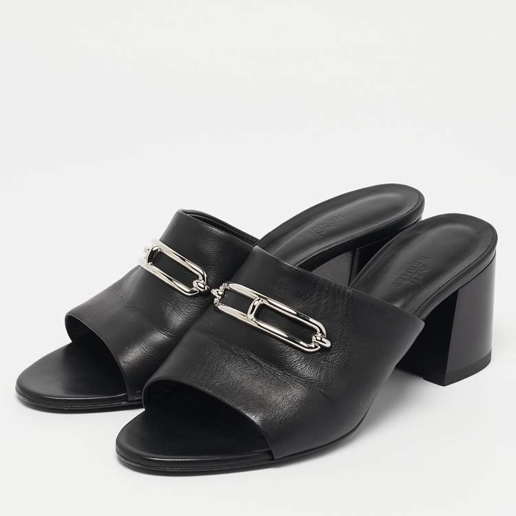 Pre Owned Hermes Black Leather Camilla Slide Sandals Size 41