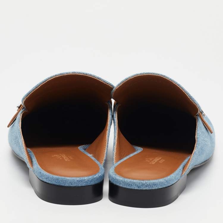 Pre Owned Hermes Blue/Tan Leather Trimmed Denim Lena Mule Size 41