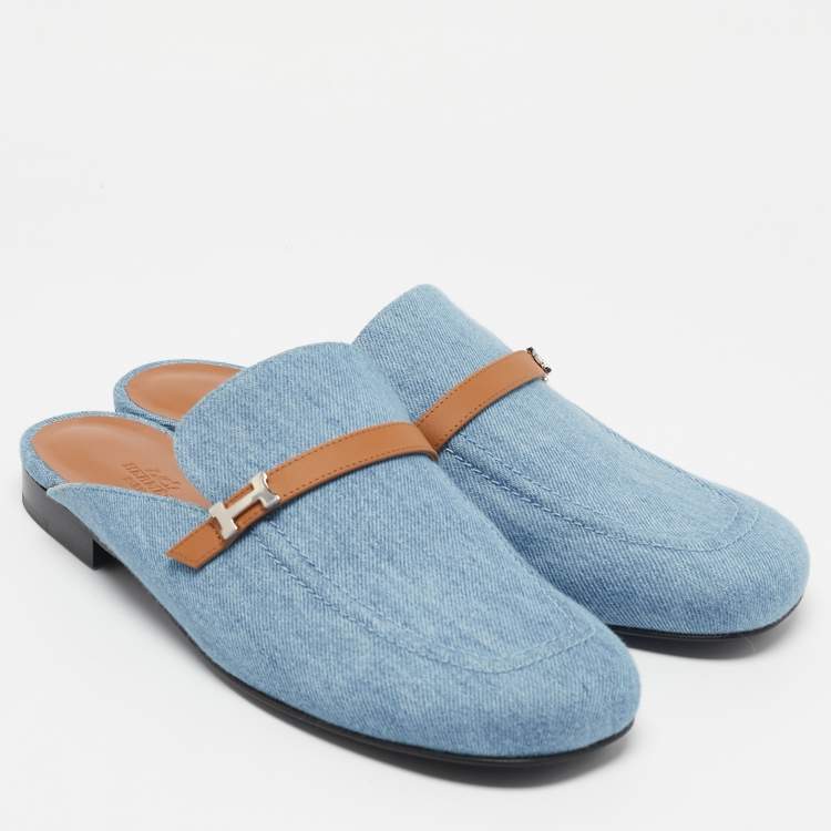 Pre Owned Hermes Blue/Tan Leather Trimmed Denim Lena Mule Size 41