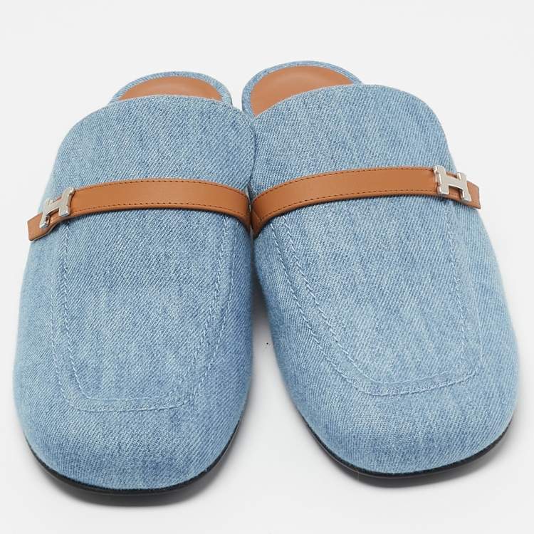 Pre Owned Hermes Blue/Tan Leather Trimmed Denim Lena Mule Size 41