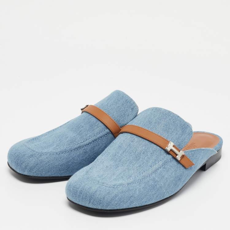 Pre Owned Hermes Blue/Tan Leather Trimmed Denim Lena Mule Size 41