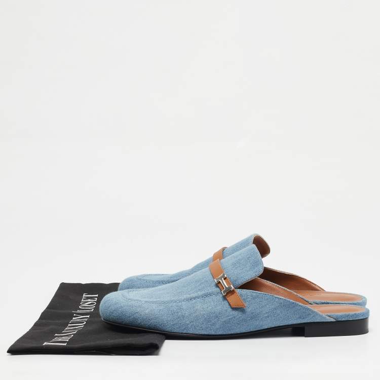 Pre Owned Hermes Blue/Tan Leather Trimmed Denim Lena Mule Size 41