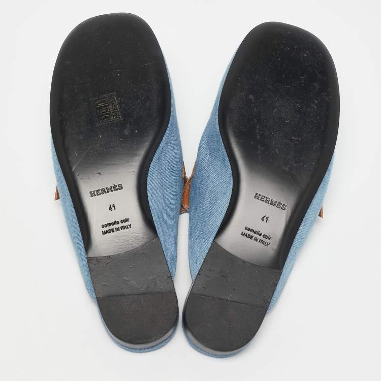 Pre Owned Hermes Blue/Tan Leather Trimmed Denim Lena Mule Size 41