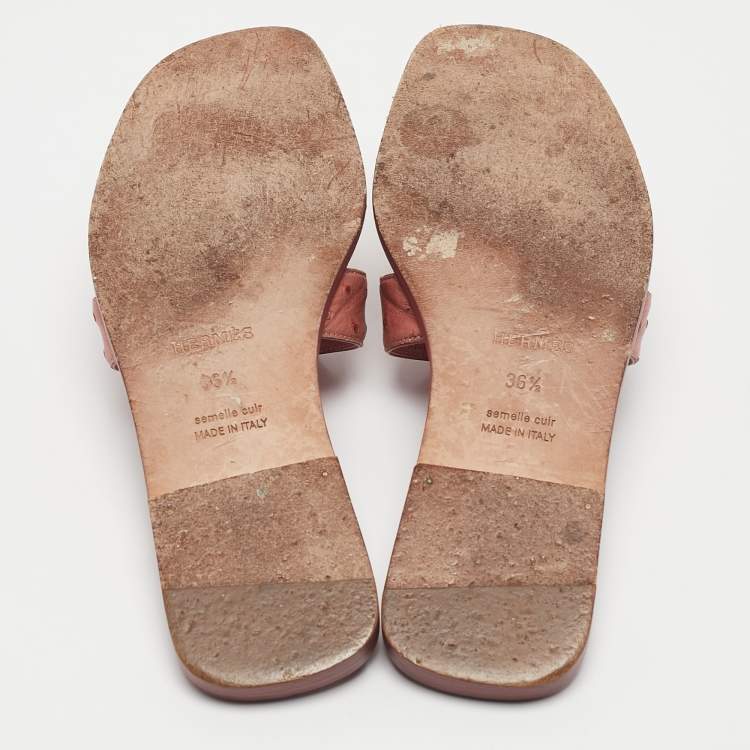 Pre Owned Hermes Dusty Pink Ostrich Oran Flat Slides Size 36.5