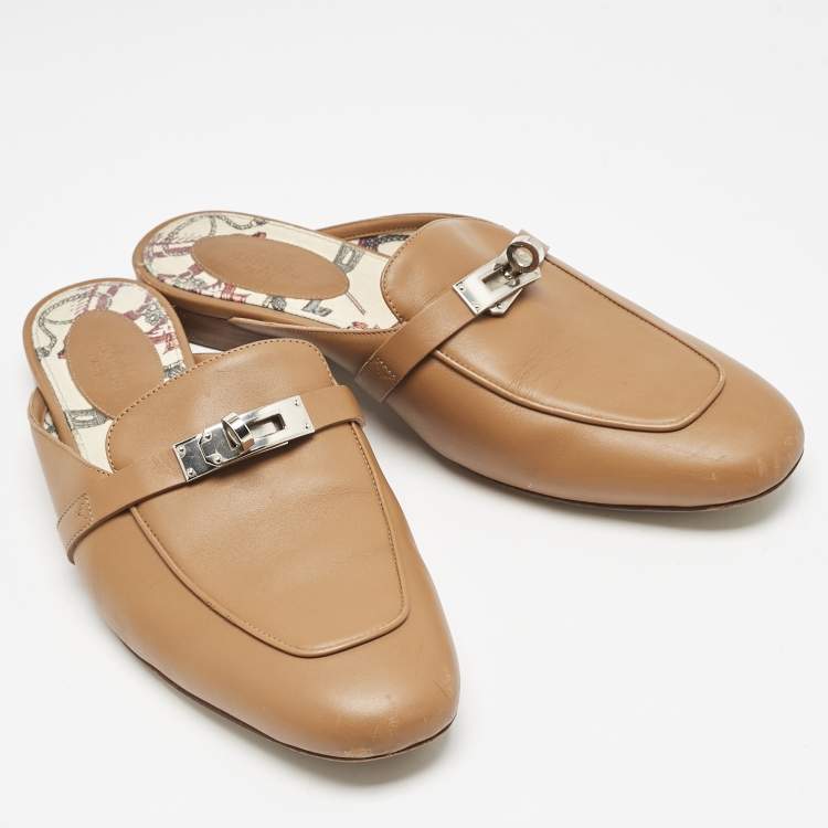 Pre Owned Hermes Brown Leather Oz Flat Mules Size 39
