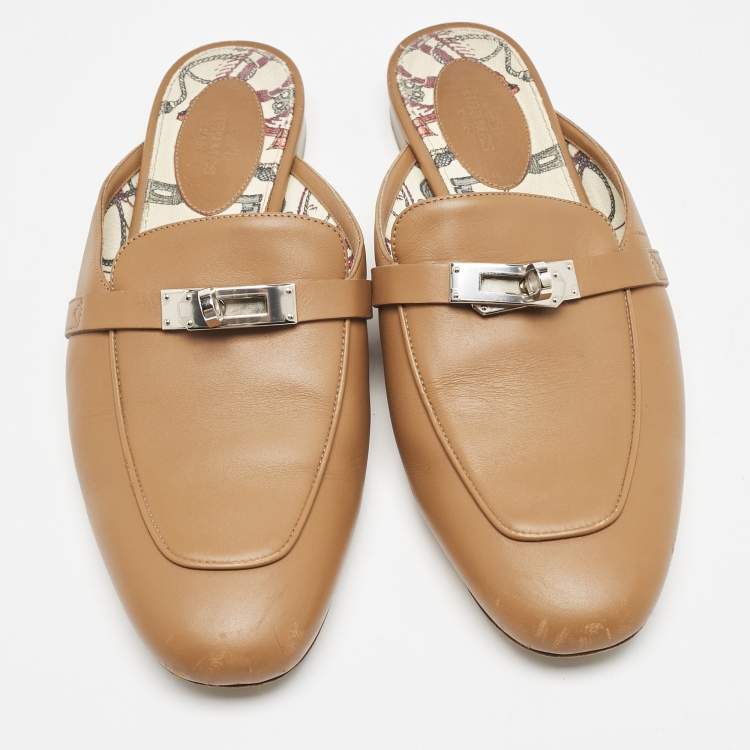 Pre Owned Hermes Brown Leather Oz Flat Mules Size 39
