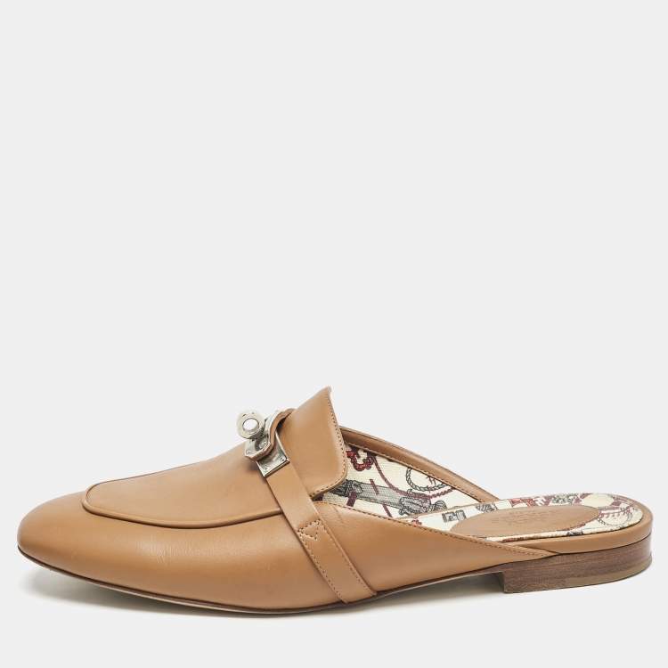 Pre Owned Hermes Brown Leather Oz Flat Mules Size 39
