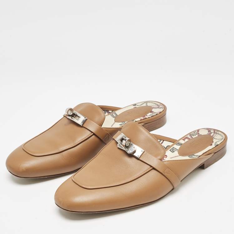 Pre Owned Hermes Brown Leather Oz Flat Mules Size 39