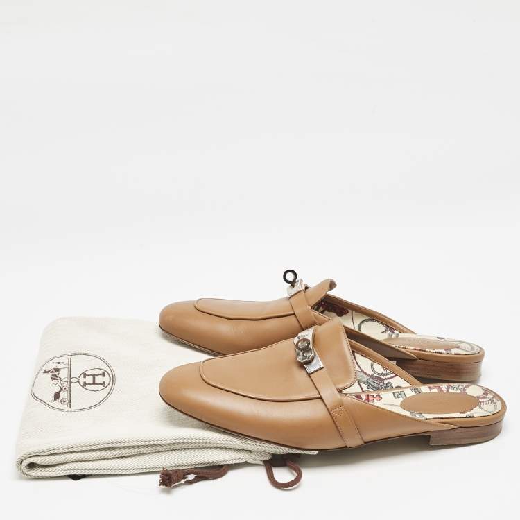 Pre Owned Hermes Brown Leather Oz Flat Mules Size 39