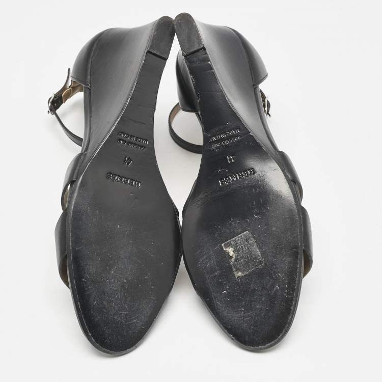 Pre Owned Hermes Black Leather Legend Wedge Ankle Strap Sandals Size 41