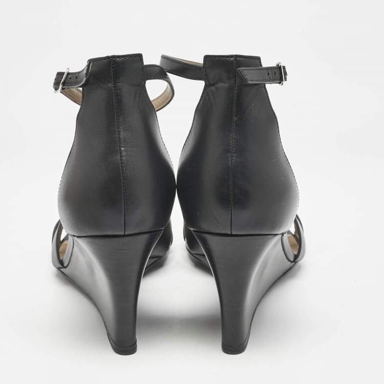 Pre Owned Hermes Black Leather Legend Wedge Ankle Strap Sandals Size 41