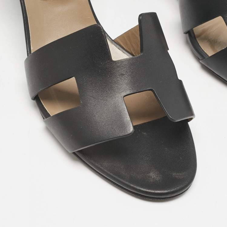 Pre Owned Hermes Black Leather Legend Wedge Ankle Strap Sandals Size 41