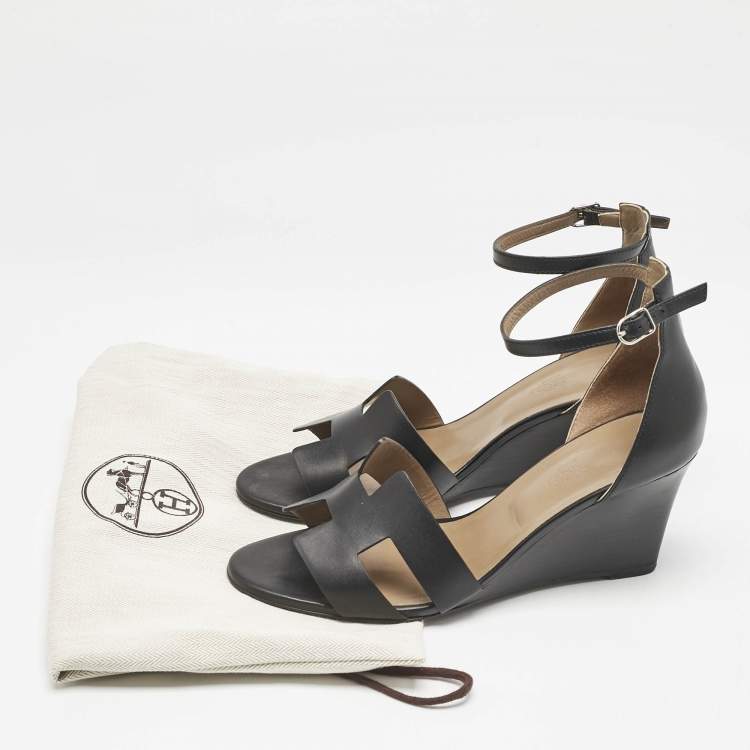 Pre Owned Hermes Black Leather Legend Wedge Ankle Strap Sandals Size 41