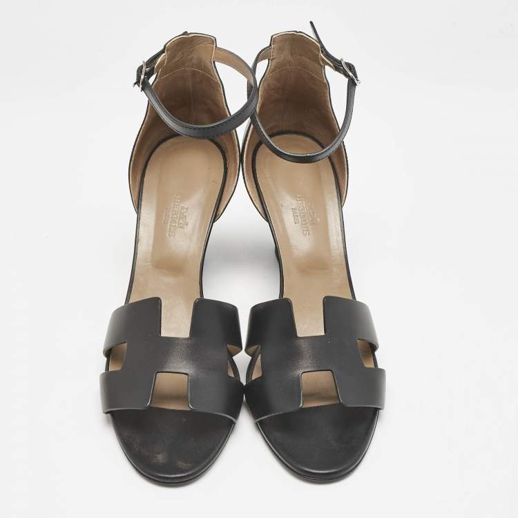 Pre Owned Hermes Black Leather Legend Wedge Ankle Strap Sandals Size 41