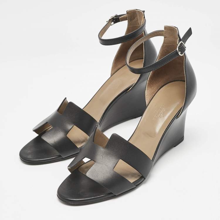Pre Owned Hermes Black Leather Legend Wedge Ankle Strap Sandals Size 41