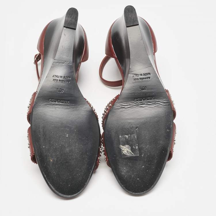 Pre Owned Hermes Burgundy Leather Legend Wedge Sandals Size 40.5