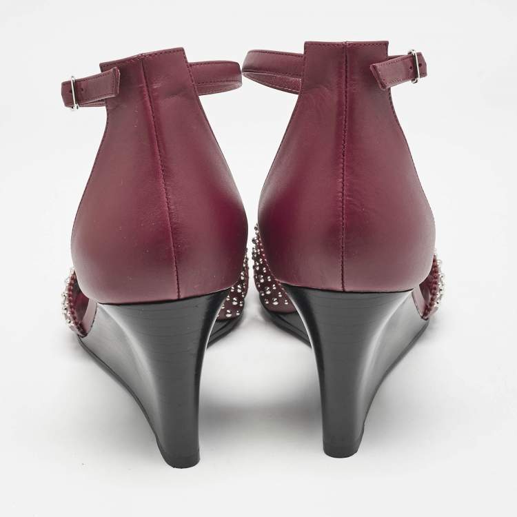 Pre Owned Hermes Burgundy Leather Legend Wedge Sandals Size 40.5