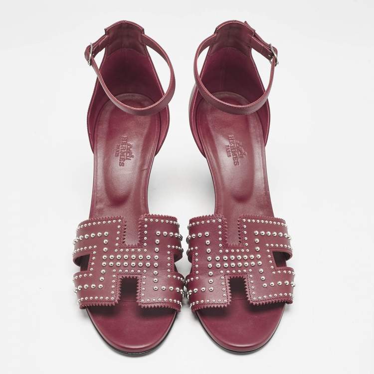 Pre Owned Hermes Burgundy Leather Legend Wedge Sandals Size 40.5