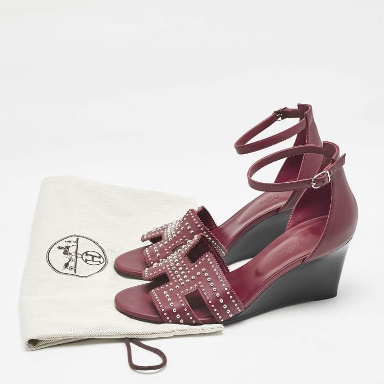 Pre Owned Hermes Burgundy Leather Legend Wedge Sandals Size 40.5