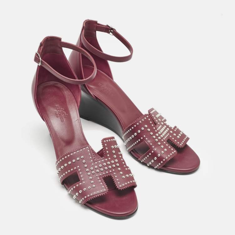 Pre Owned Hermes Burgundy Leather Legend Wedge Sandals Size 40.5