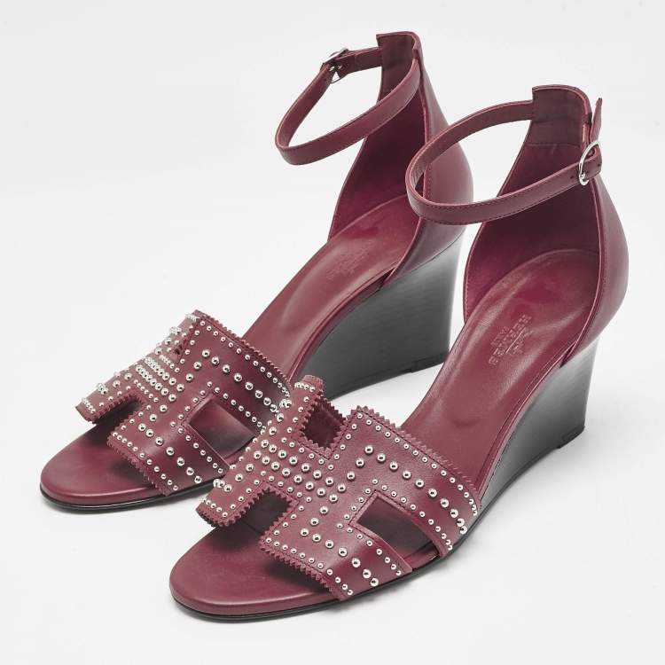 Pre Owned Hermes Burgundy Leather Legend Wedge Sandals Size 40.5