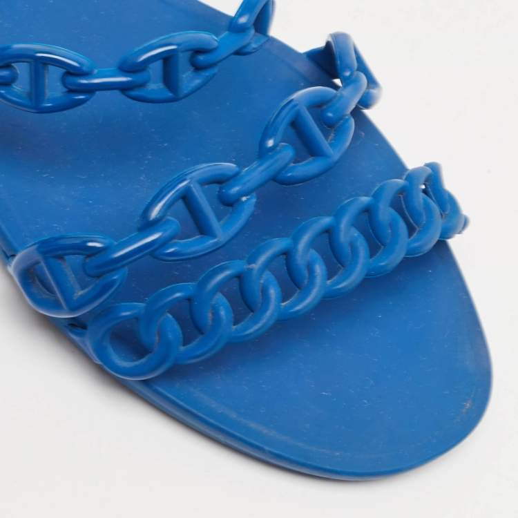 Pre Owned Hermes Blue Rubber D'ancre Chaine Rivage Flat Sandals Size 37