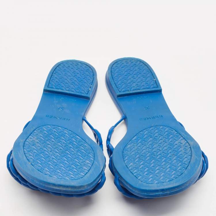 Pre Owned Hermes Blue Rubber D'ancre Chaine Rivage Flat Sandals Size 37