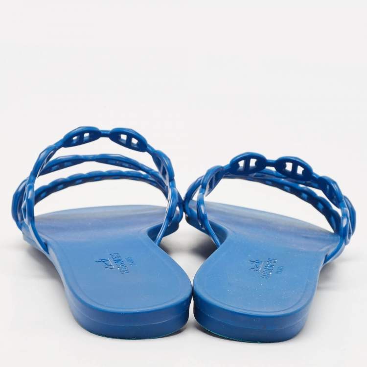 Pre Owned Hermes Blue Rubber D'ancre Chaine Rivage Flat Sandals Size 37