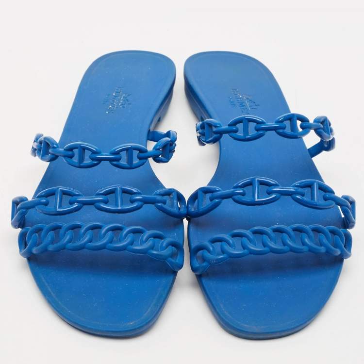Pre Owned Hermes Blue Rubber D'ancre Chaine Rivage Flat Sandals Size 37