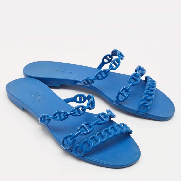 Pre Owned Hermes Blue Rubber D'ancre Chaine Rivage Flat Sandals Size 37