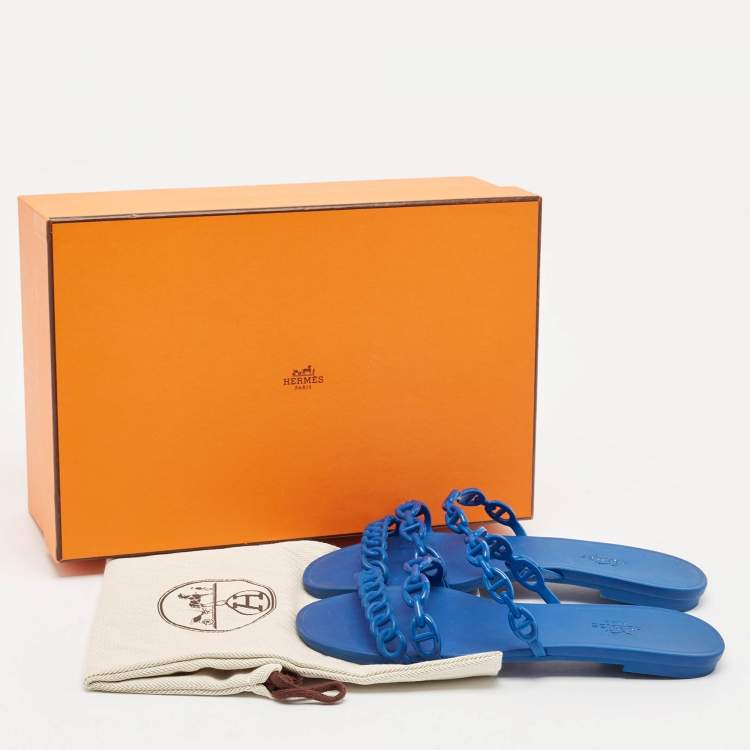Pre Owned Hermes Blue Rubber D'ancre Chaine Rivage Flat Sandals Size 37