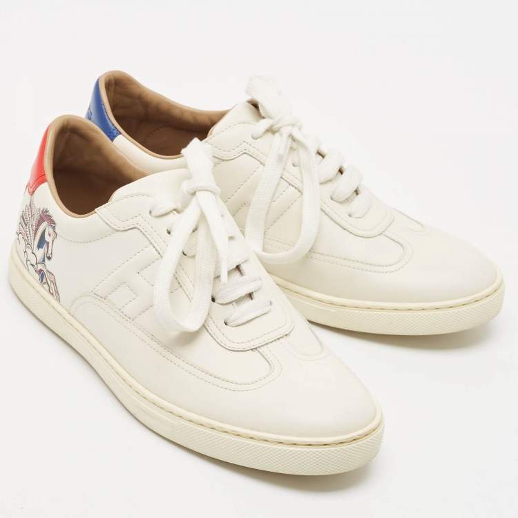 Pre Owned Hermes White/Blue Leather Quicker Lace Up Sneakers Size 37