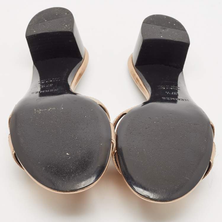 Pre Owned Hermes Metallic Rose Gold Leather Oasis Slide Sandals Size 37.5