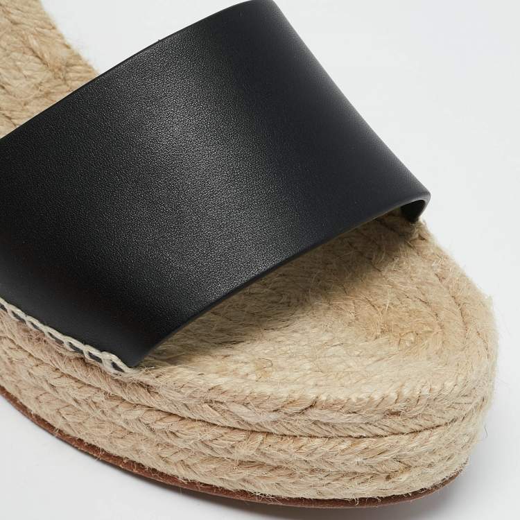 مملوكة مسبقًا Hermes Black Leather Tipoli Espadrille Wedge Sandals Size 39