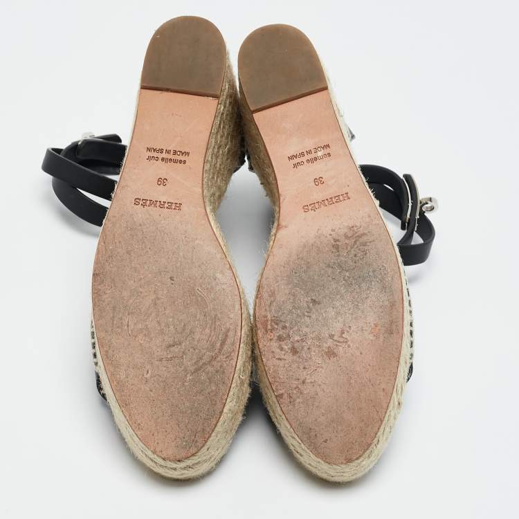 مملوكة مسبقًا Hermes Black Leather Tipoli Espadrille Wedge Sandals Size 39