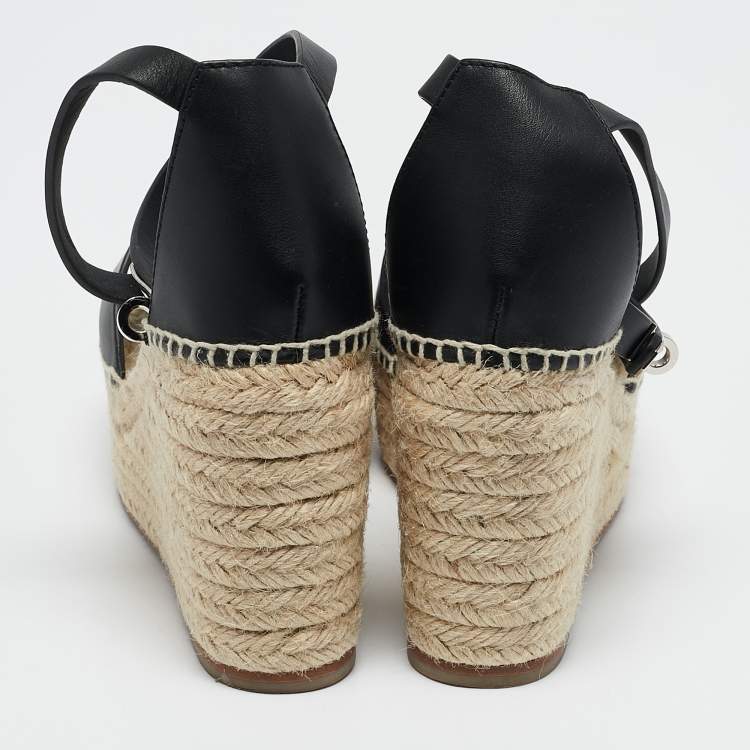 مملوكة مسبقًا Hermes Black Leather Tipoli Espadrille Wedge Sandals Size 39