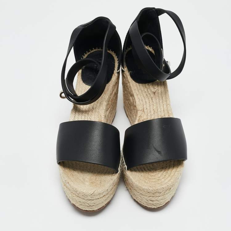 مملوكة مسبقًا Hermes Black Leather Tipoli Espadrille Wedge Sandals Size 39