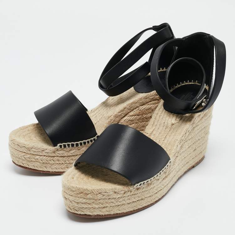 مملوكة مسبقًا Hermes Black Leather Tipoli Espadrille Wedge Sandals Size 39