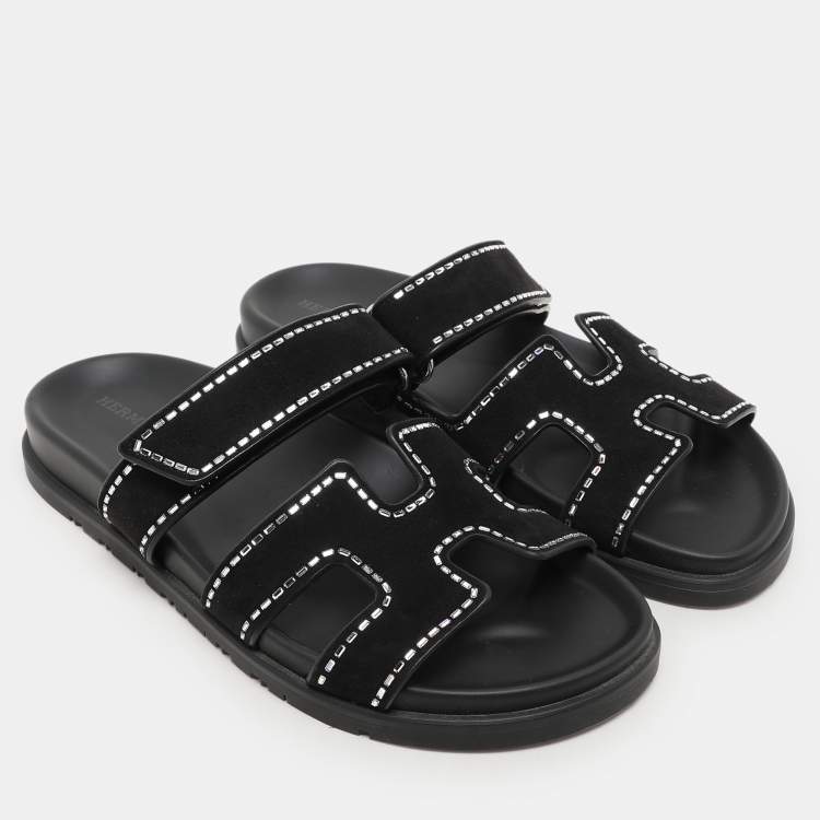 Pre Owned Hermes Black Shearling Chypre Sandals Size 39
