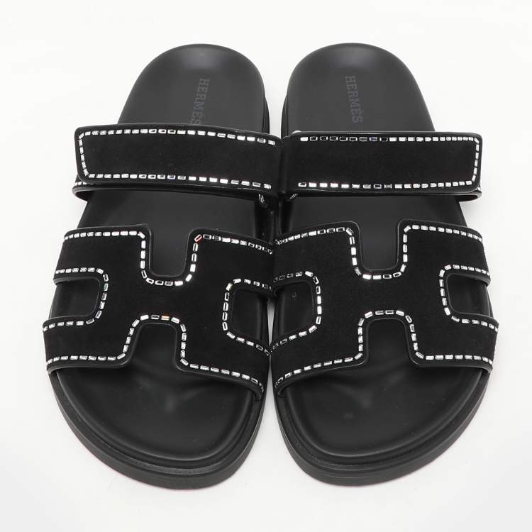Pre Owned Hermes Black Shearling Chypre Sandals Size 39